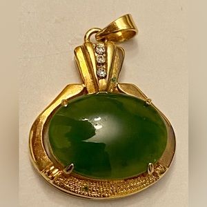 Gold Plated Sterling Jade/Nephrite And Diamond Pendant
